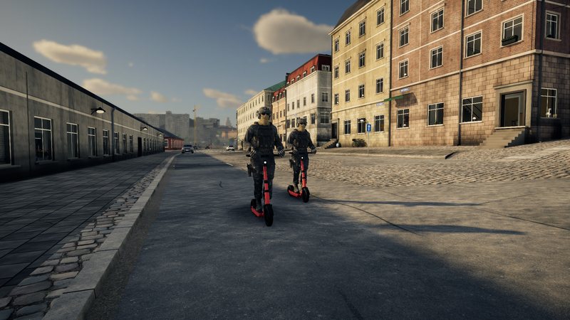 A squad riding electric scooters